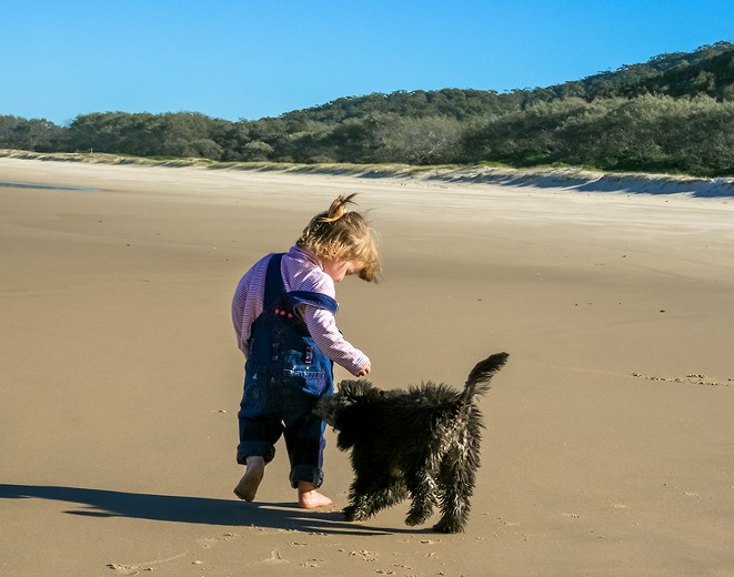 Dog and child at pet friendly accommodation beach holiday home at the Central Coast NSW.
